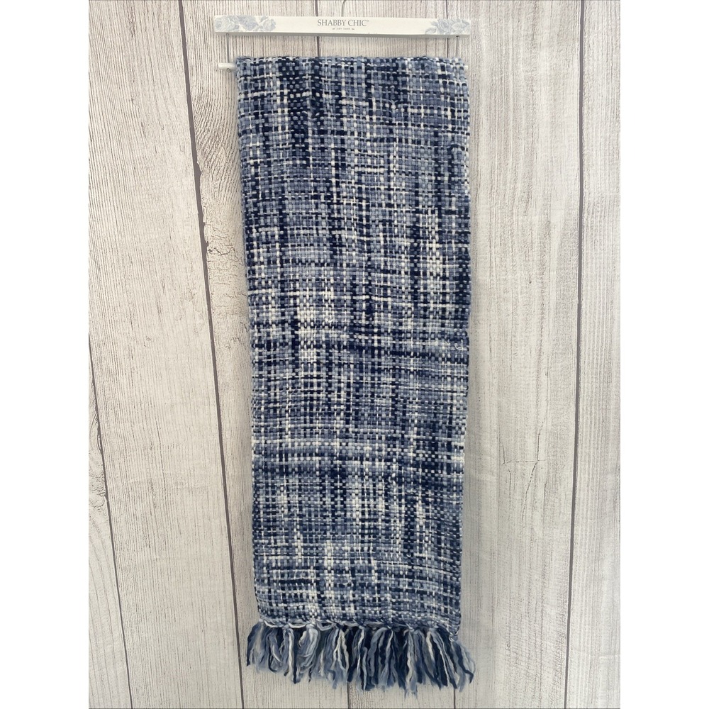 Shabby Chic Throw Blanket 50x70 Blue White Marled Basketweave Knit Cottagecore